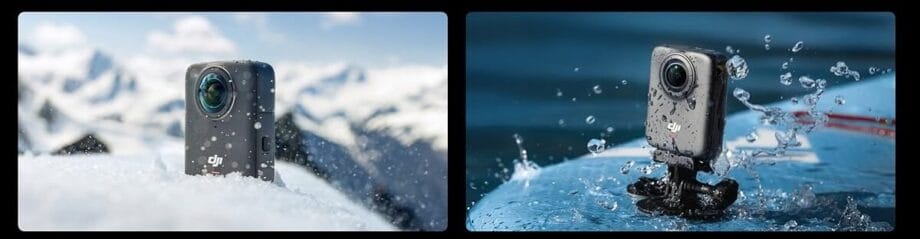 Two views of a DJI action camera placed on a surfboard, one in snowy mountains and one with water splashing, highlighting its rugged design.