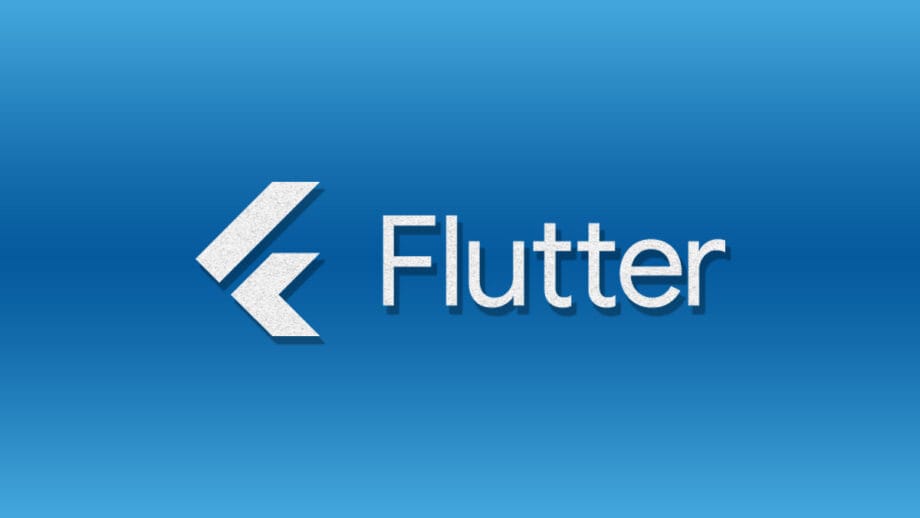 Flutter logo and text on a blue gradient background.
