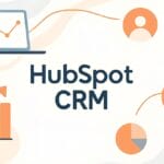 HubSpot CRM logo with icons of a laptop, user, bar chart, pie chart, and gear connected by orange lines on a light abstract background.