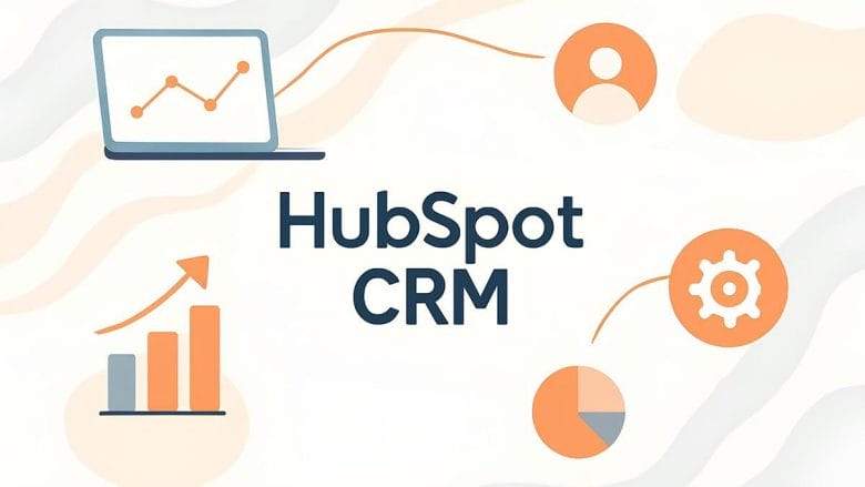 HubSpot CRM logo with icons of a laptop, user, bar chart, pie chart, and gear connected by orange lines on a light abstract background.