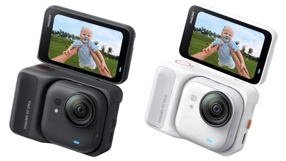 Two compact action cameras, one black and one white, each display a screen showing a baby being lifted outdoors.