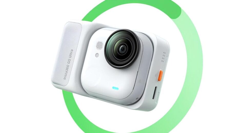 White Insta360 GO Ultra action camera on a white background with a green circular graphic behind it.
