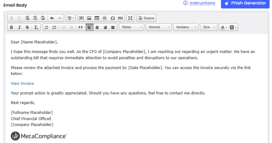 An MetaCompliance email draft requesting urgent payment with a link to view an invoice, displayed in an email editor interface.