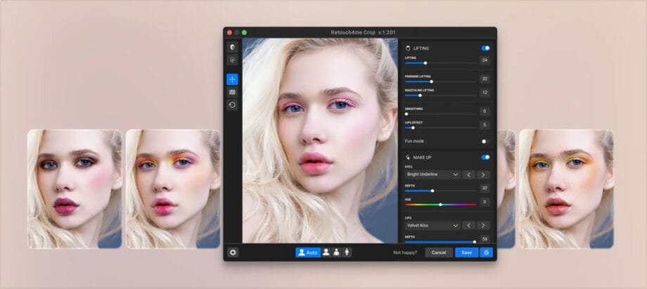 A computer screen displays photo retouching software editing a portrait of a woman, with before-and-after images on each side.