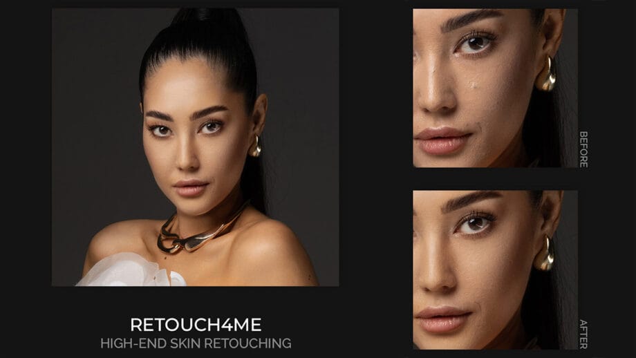 A woman poses against a dark background; close-ups show her skin before and after digital retouching, highlighting smoother skin.