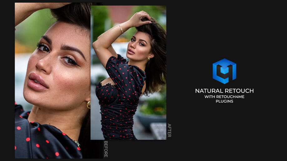 Side-by-side comparison of a womans portrait before and after retouching, with the text “Natural Retouch with Retouch4me Plugins.”.