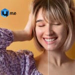 Smiling woman with hands on head plus Retouch4me logo, image split in half to show before and after retouching against a yellow background.