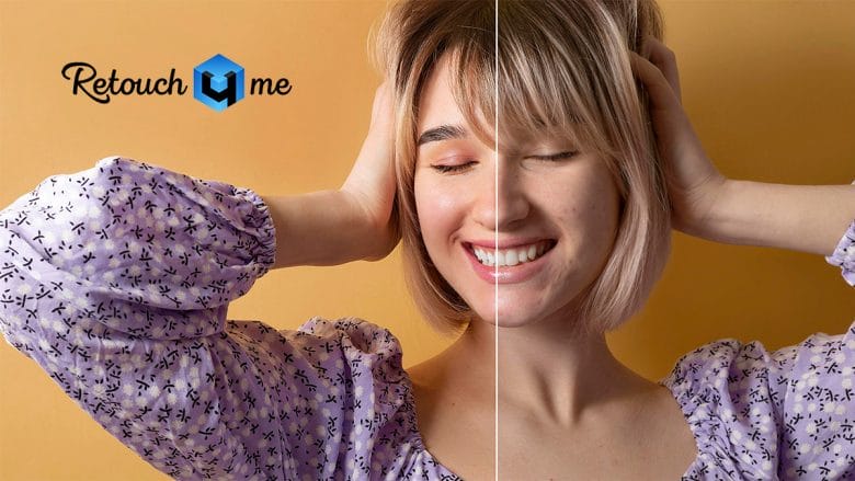 Smiling woman with hands on head plus Retouch4me logo, image split in half to show before and after retouching against a yellow background.