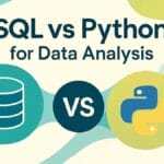 Graphic comparing SQL vs Python for data analysis, with icons representing a database, Python logo, and a graph.