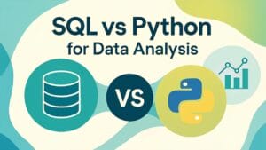 Graphic comparing SQL vs Python for data analysis, with icons representing a database, Python logo, and a graph.