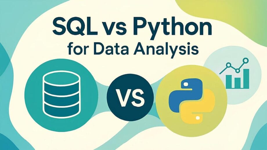 Graphic comparing SQL vs Python for data analysis, with icons representing a database, Python logo, and a graph.