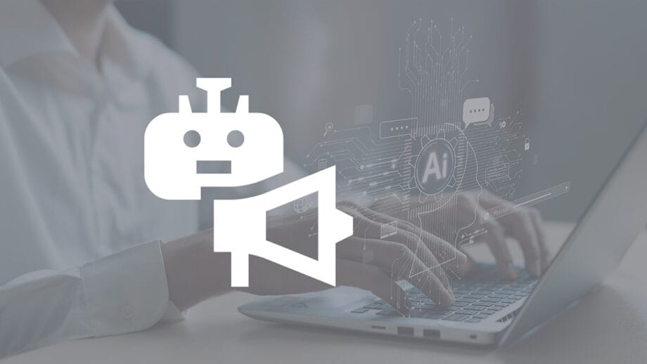 Person typing on a laptop with an overlay of AI and chatbot icons, representing artificial intelligence communication technology.