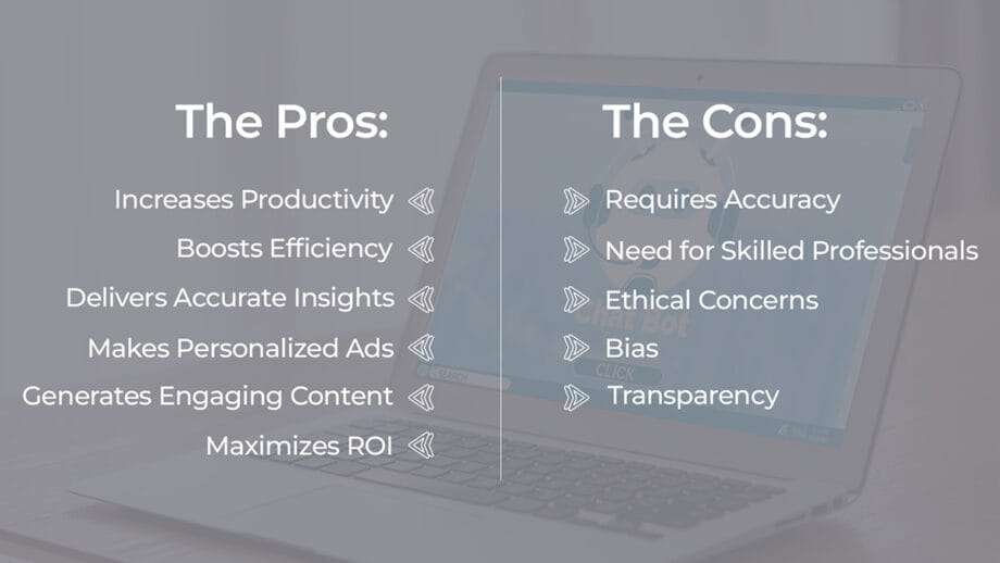 A split list on a laptop screen showing pros and cons of a topic, with benefits on the left and drawbacks on the right.
