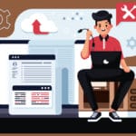 Illustration of a person with a laptop, surrounded by coding tools, cloud icons, and technical symbols, suggesting software development.