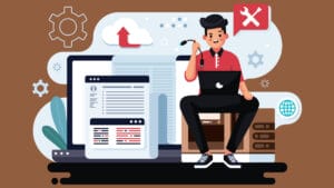 Illustration of a person with a laptop, surrounded by coding tools, cloud icons, and technical symbols, suggesting software development.