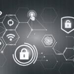 Digital illustration of security icons including padlocks, fingerprint, and gears, symbolizing cybersecurity and data protection on a gray background.