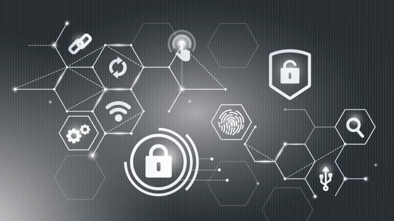 Digital illustration of security icons including padlocks, fingerprint, and gears, symbolizing cybersecurity and data protection on a gray background.