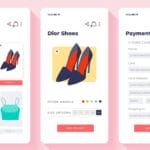 Mobile app UI screens showing a clothing store with top items, Dior shoes detail, and a payment form for checkout.
