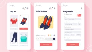 Mobile app UI screens showing a clothing store with top items, Dior shoes detail, and a payment form for checkout.