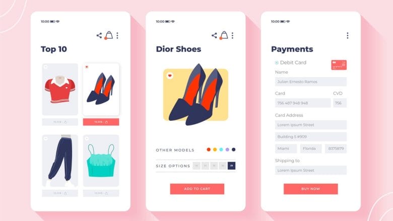 Mobile app UI screens showing a clothing store with top items, Dior shoes detail, and a payment form for checkout.