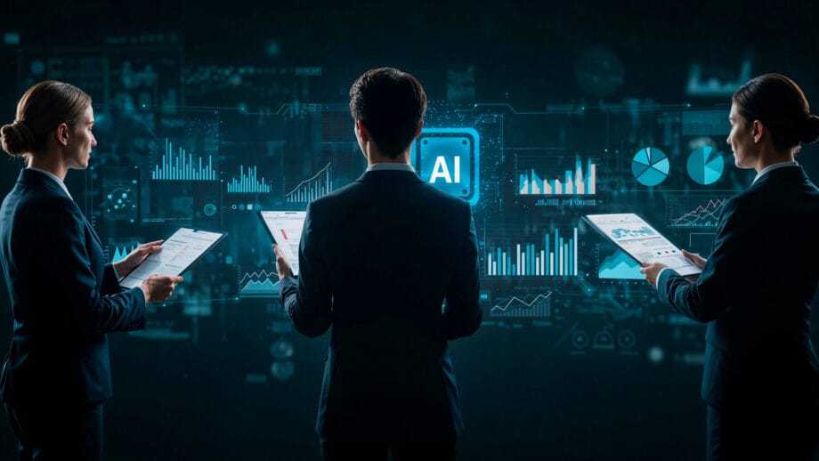 Three businesspeople analyze data on tablets in front of a digital AI interface displaying charts and graphs.