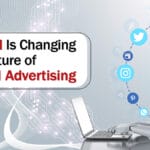 A robot using a laptop is surrounded by digital icons, illustrating AIs impact on the future of digital advertising.