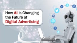 A robot using a laptop is surrounded by digital icons, illustrating AIs impact on the future of digital advertising.