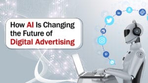 A robot using a laptop is surrounded by digital icons, illustrating AIs impact on the future of digital advertising.