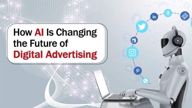 A robot using a laptop is surrounded by digital icons, illustrating AIs impact on the future of digital advertising.