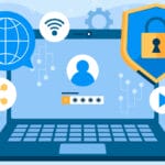 Illustration of a laptop with internet, security, and user login icons, representing online privacy and cybersecurity concepts.