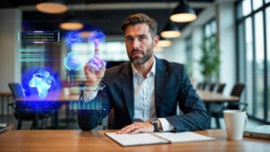 A man in a suit interacts with a virtual data interface at an office desk, displaying digital charts and a 3D globe.