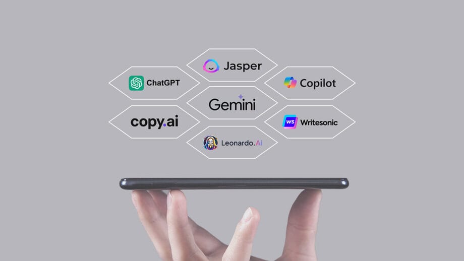 A hand holds a smartphone below logos for ChatGPT, Jasper, Copilot, Copy.ai, Gemini, Writesonic, and Leonardo.Ai on a grey background.