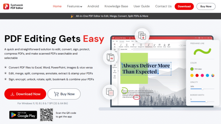 Screenshot of Systweak PDF Editor website showing features, pricing buttons, and a sample PDF editing interface with annotation tools.