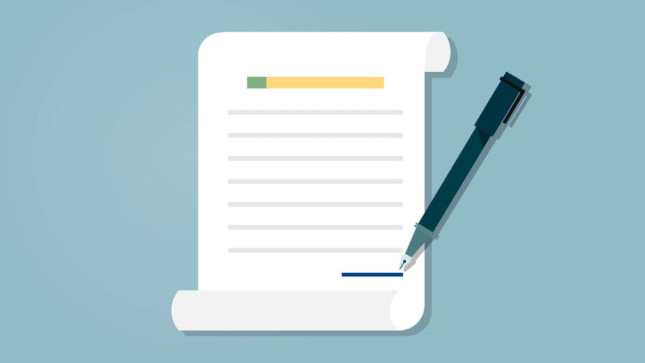 A sheet of paper with printed lines and a pen signing a blue line at the bottom, set against a light blue background.