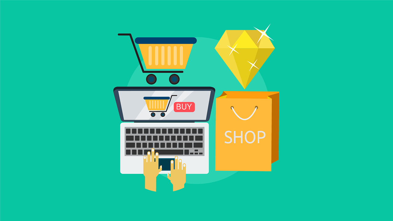 Illustration of hands typing on a laptop with a shopping cart, buy button, shopping bag, and a diamond, representing online shopping.