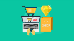 Illustration of hands typing on a laptop with a shopping cart, buy button, shopping bag, and a diamond, representing online shopping.