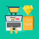 Illustration of hands typing on a laptop with a shopping cart, buy button, shopping bag, and a diamond, representing online shopping.