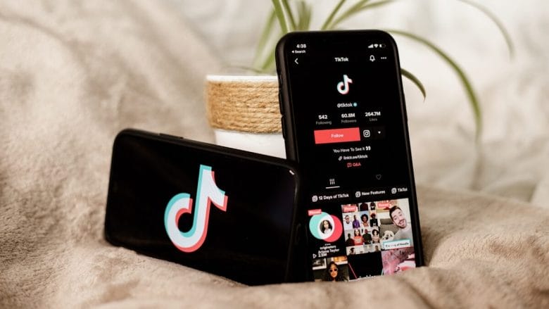 Two smartphones on a blanket; one displays the TikTok logo, the other shows a TikTok profile page, with a potted plant in the background.