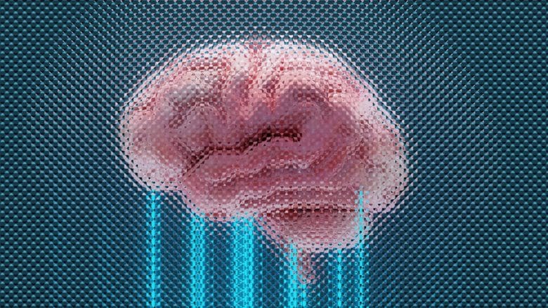 Digital illustration of a human brain overlaid with a grid pattern and blue vertical lines on a dark background.
