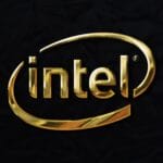 a gold intel logo on a black background