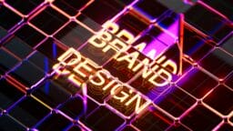 A digital abstract image with the words BRAND DESIGN in bold, glowing letters, overlaid with a grid of reflective glass tiles.