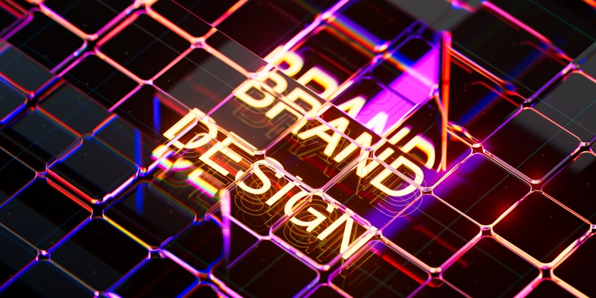 A digital abstract image with the words BRAND DESIGN in bold, glowing letters, overlaid with a grid of reflective glass tiles.