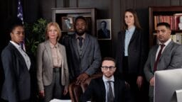 A diverse group of business professionals posing in an office, showcasing teamwork and leadership.