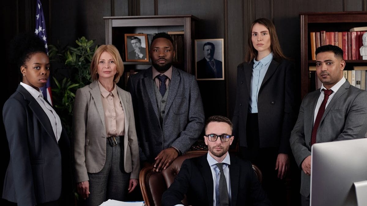 A diverse group of business professionals posing in an office, showcasing teamwork and leadership.