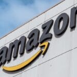 The amazon logo is displayed on a building.