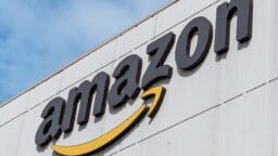 The amazon logo is displayed on a building.