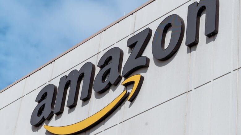 The amazon logo is displayed on a building.