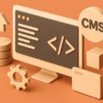 3D illustration of a computer monitor with code symbols, a gear, database, and CMS icon, representing web development concepts.