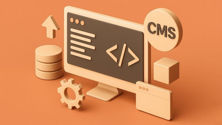 3D illustration of a computer monitor with code symbols, a gear, database, and CMS icon, representing web development concepts.