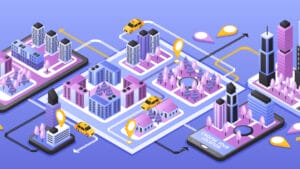 Isometric illustration of a city map with buildings, cars, location markers, and a smartphone displaying Choose Your Location.